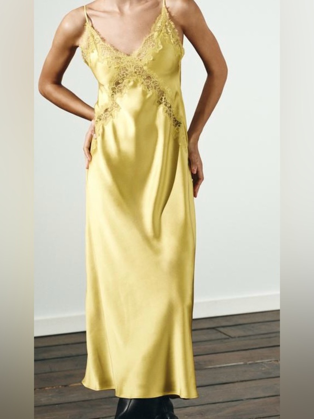Zara Satin Lace Midi Dress V-Neck Strappy Lined Grapefruit Yellow XS NWT